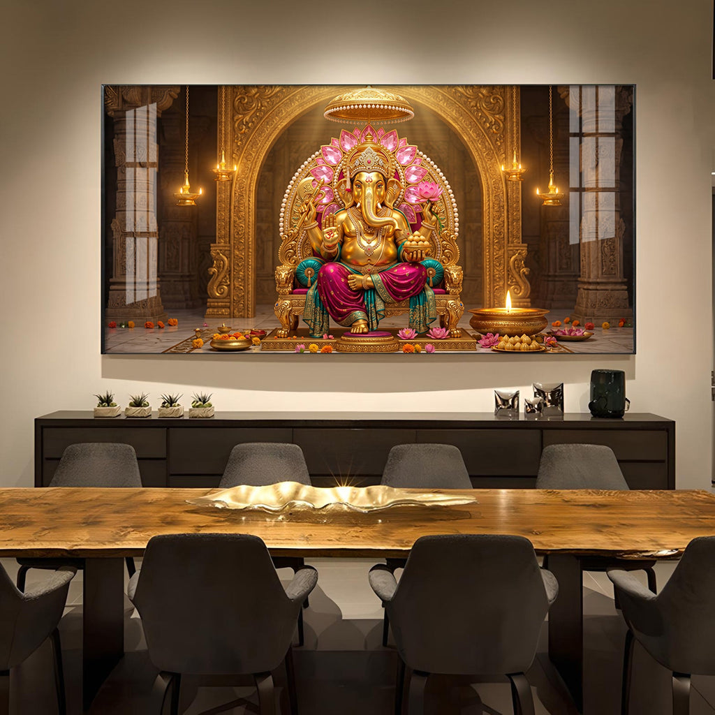 Hindu Lord Ganesha Glass Finish Horizontal Wall Art