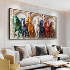Seven Colorful Horses Vastu Glass Finish Horizontal Wall Art