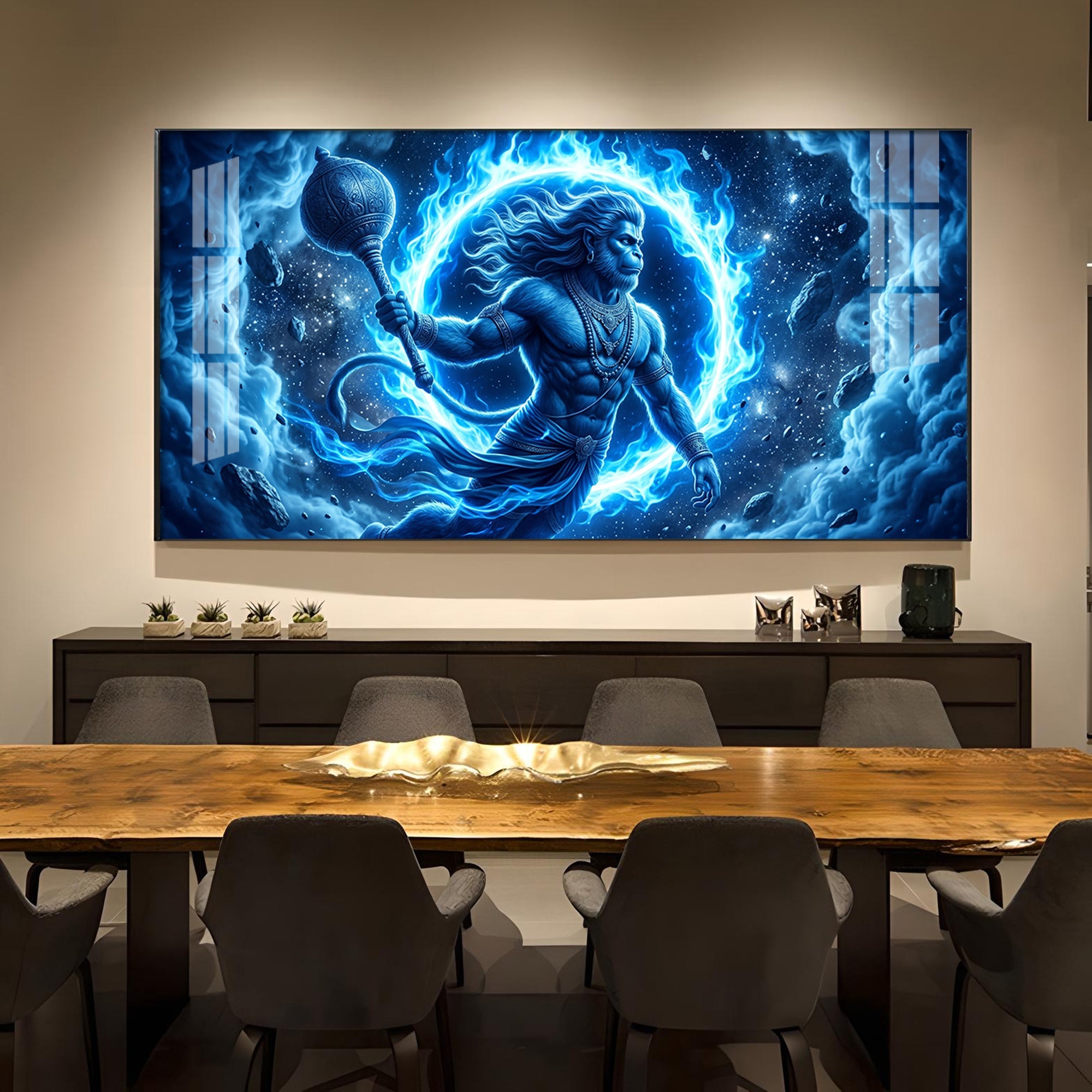 Depicts Lord Hanuman Glass Finish Horizontal Wall Art