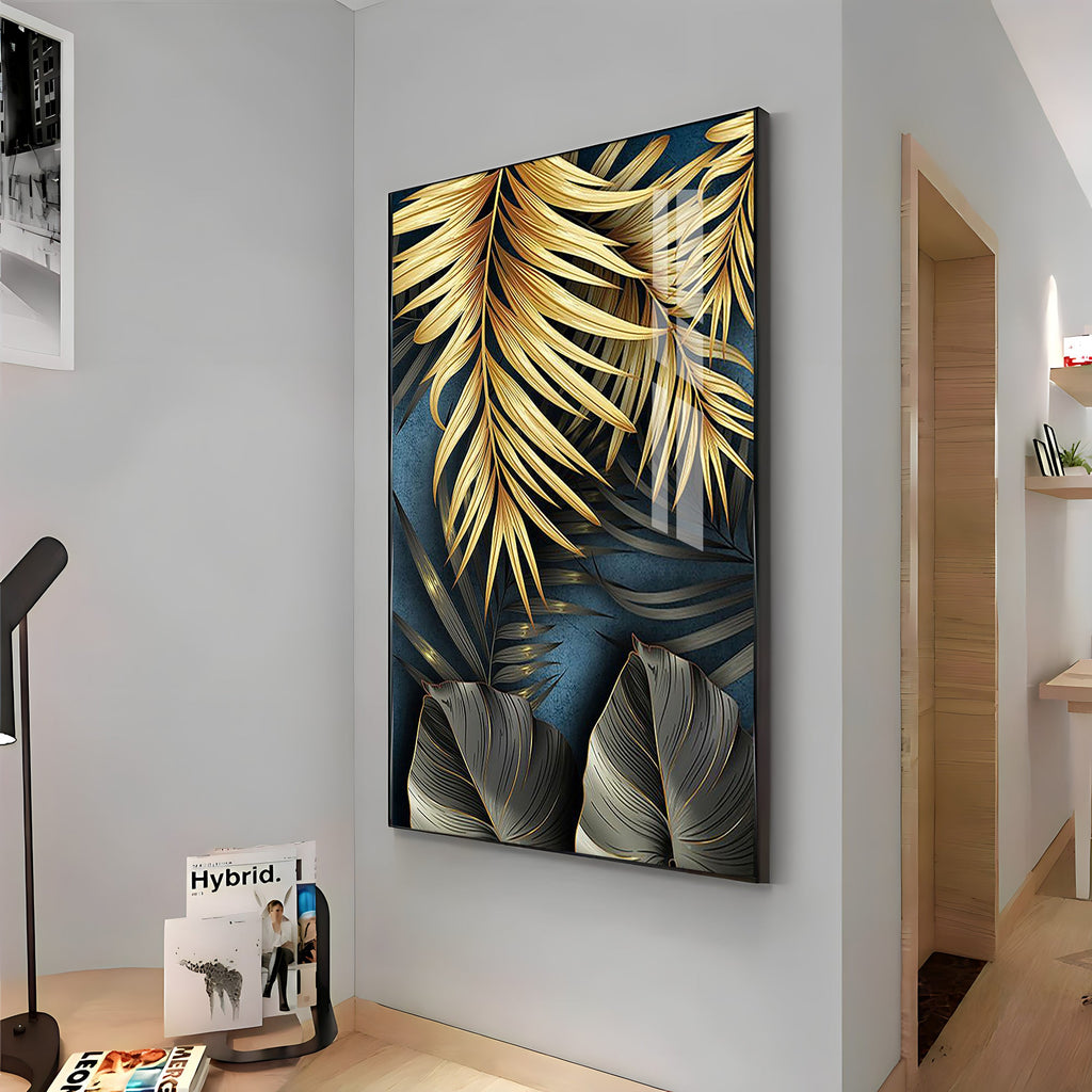 Tropical Golden Leafs Premium Acrylic Vertical Wall Art