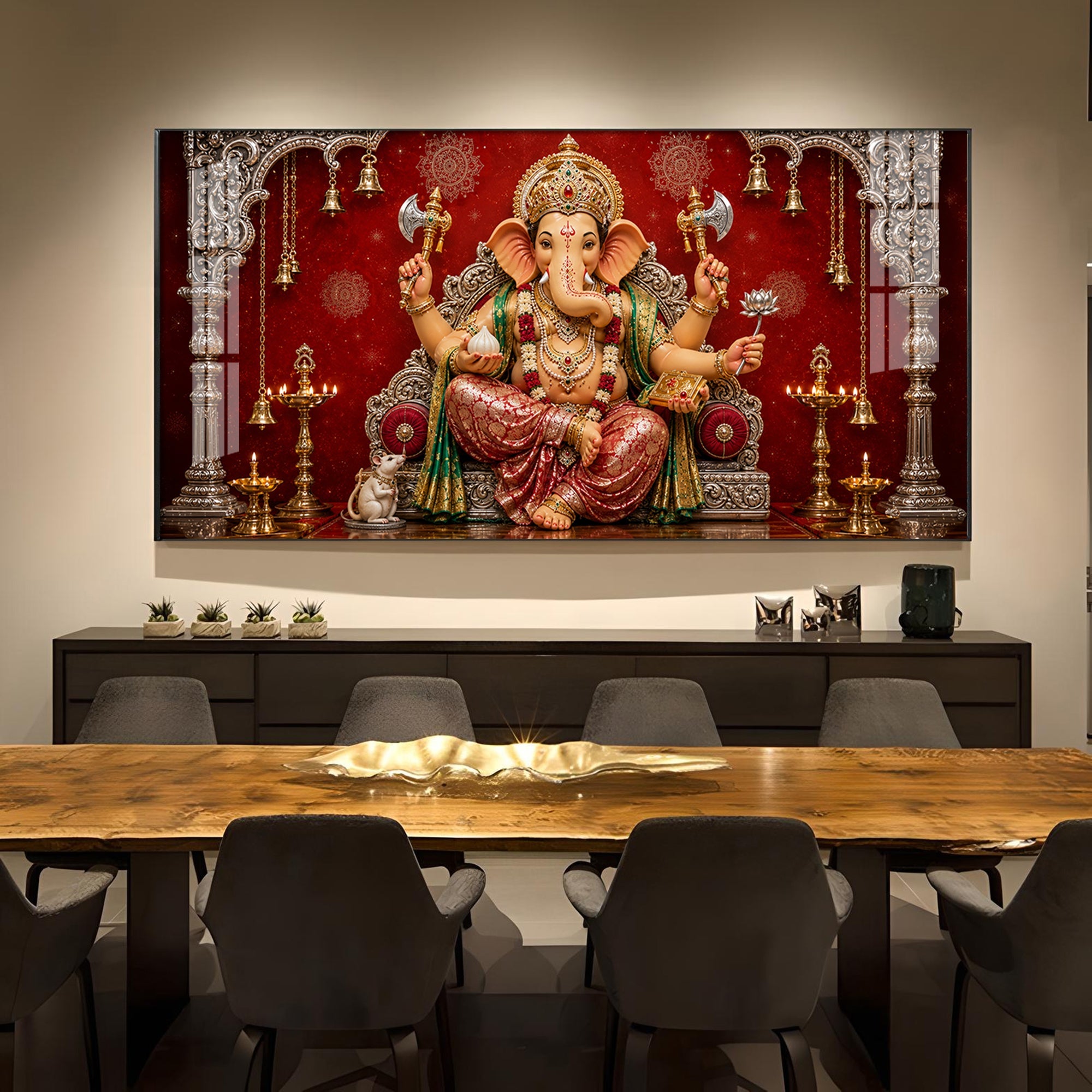Hindu Devotional Ganpati Bappa Glass Finish Horizontal Wall Art