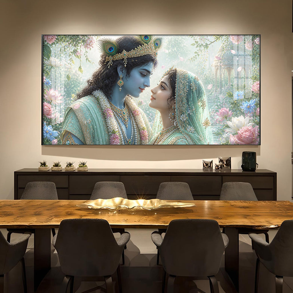 God Radha Krishna Glass Finish Horizontal Wall Art