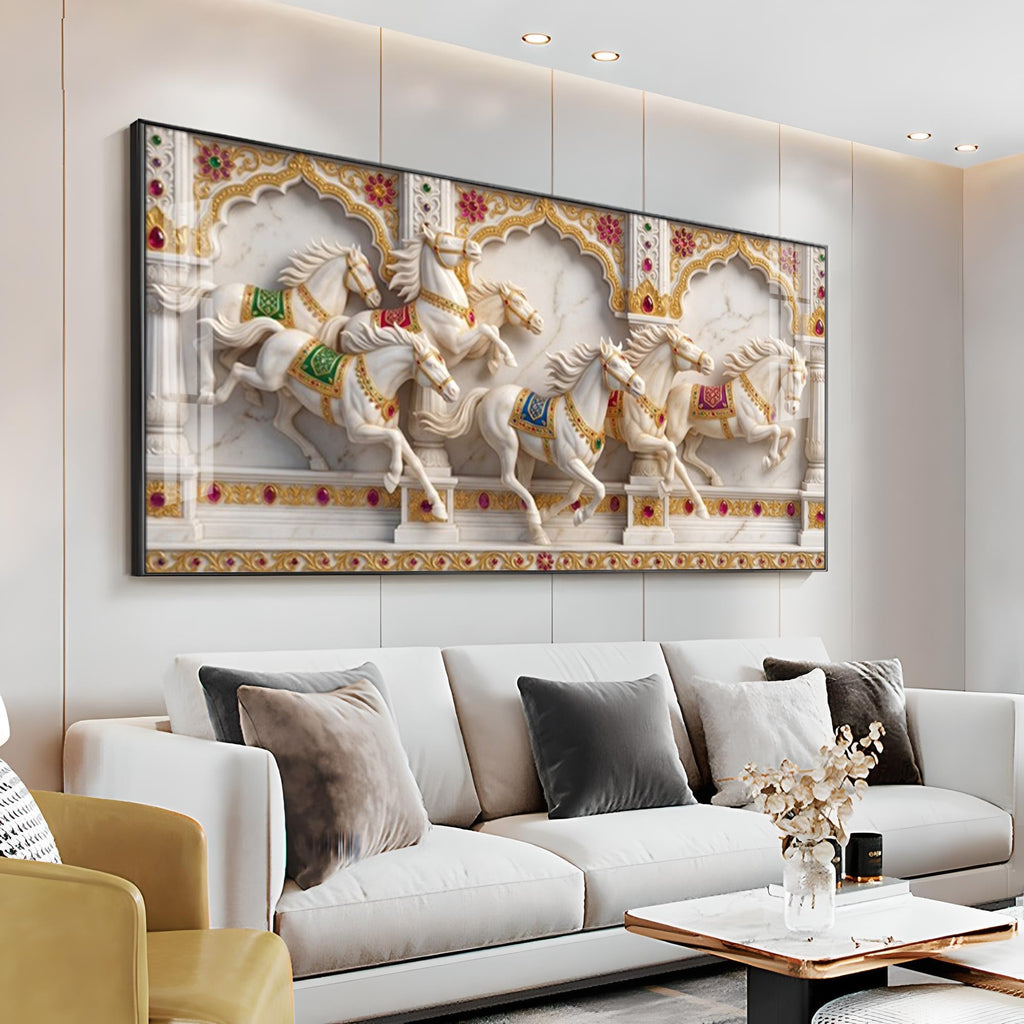 Seven White Horses Vastu Glass Finish Horizontal Wall Art