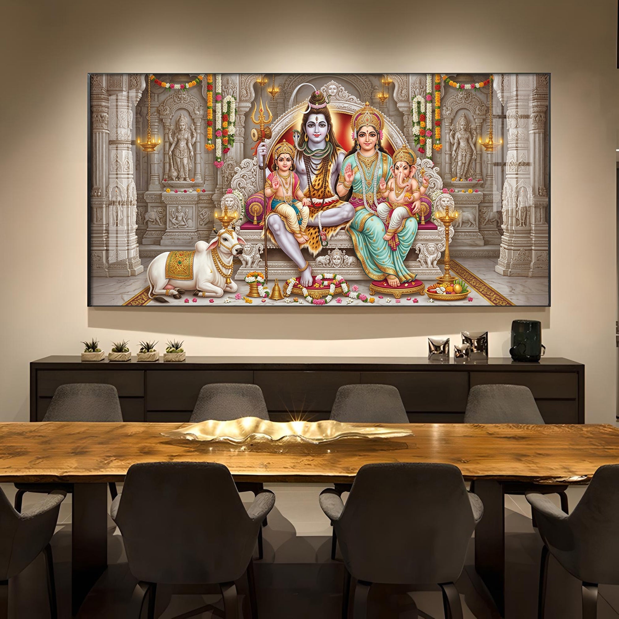 Shiv Parivar Glass Finish Horizontal Wall Art