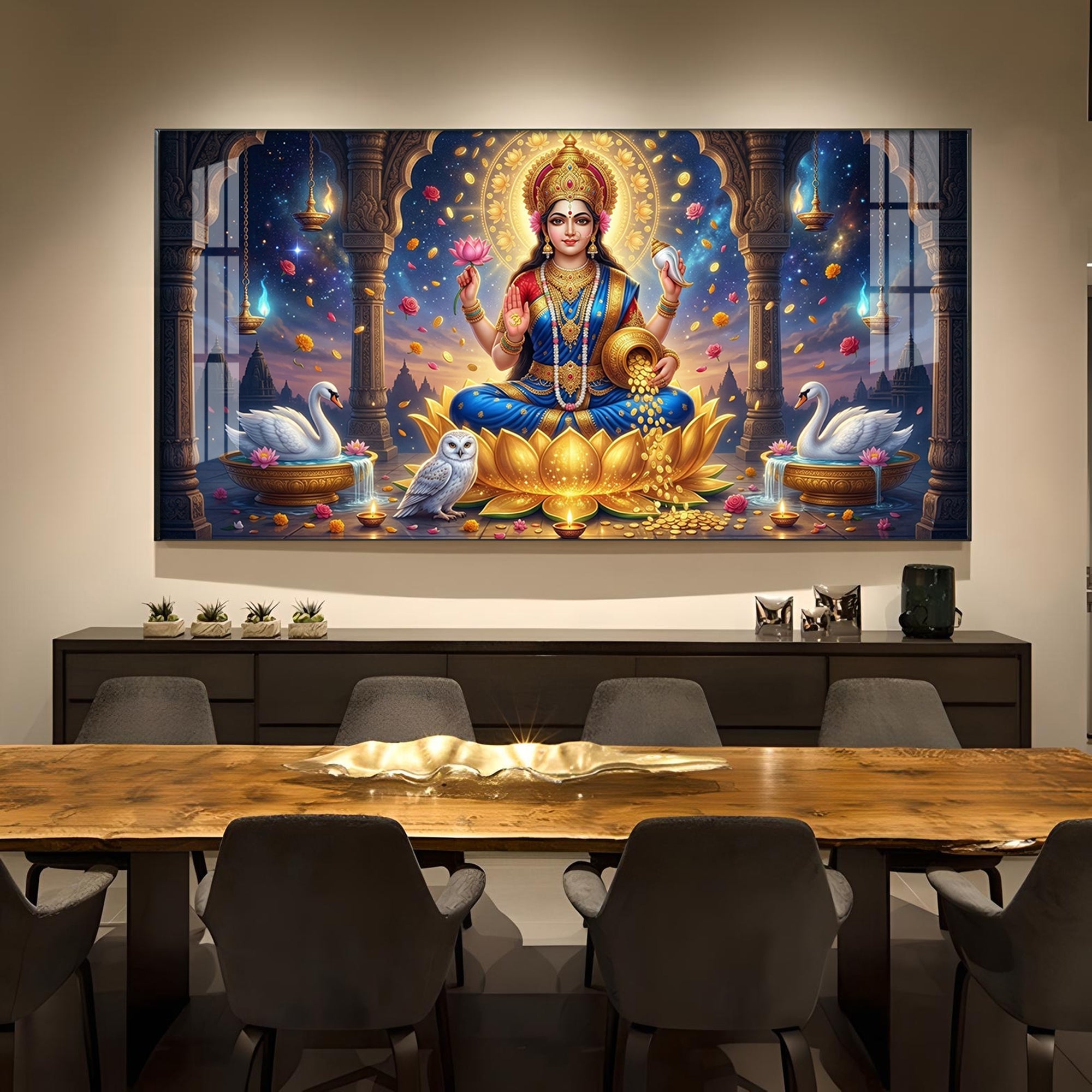 Maa Laxmi Glass Finish Horizontal Wall Art