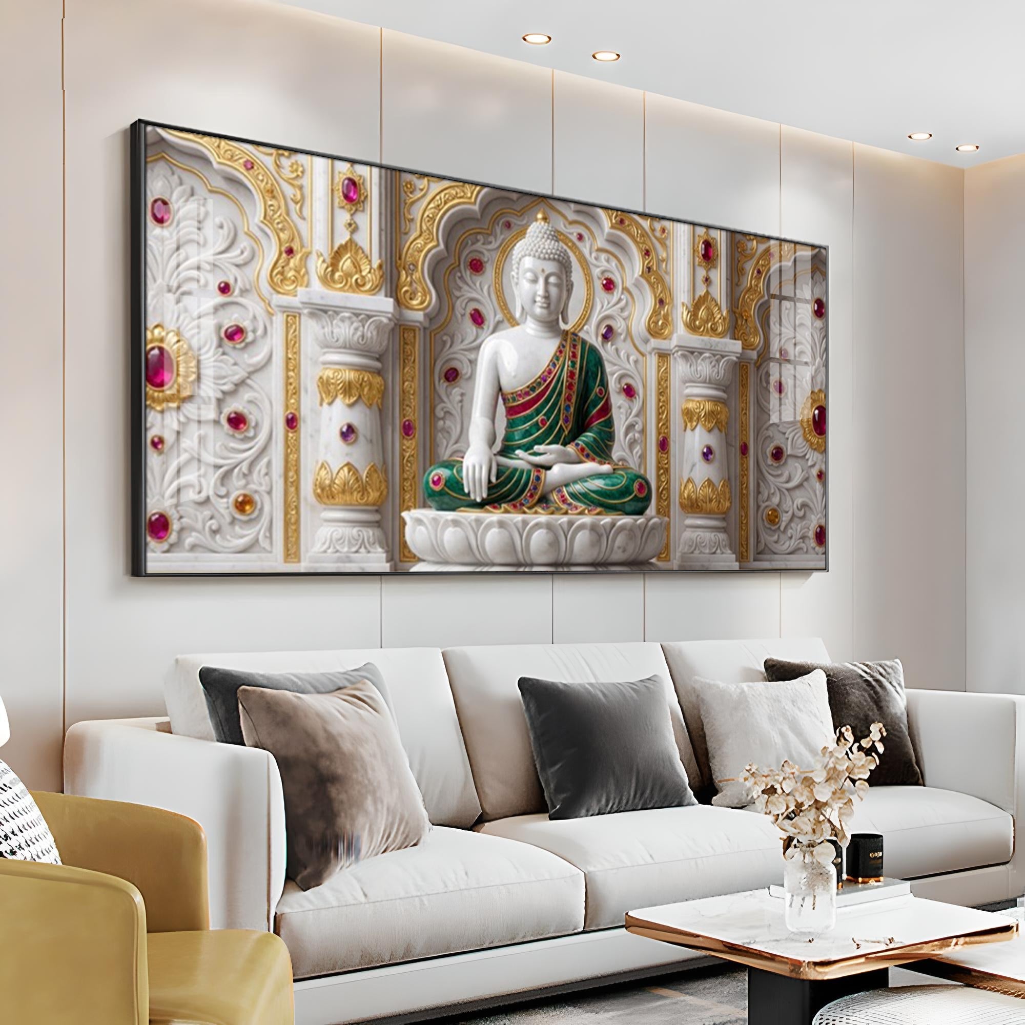 Buddha In Dhyan Mudra Glass Finish Horizontal Wall Art