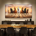 Seven Running Horse Vastu Glass Finish Horizontal Wall Art