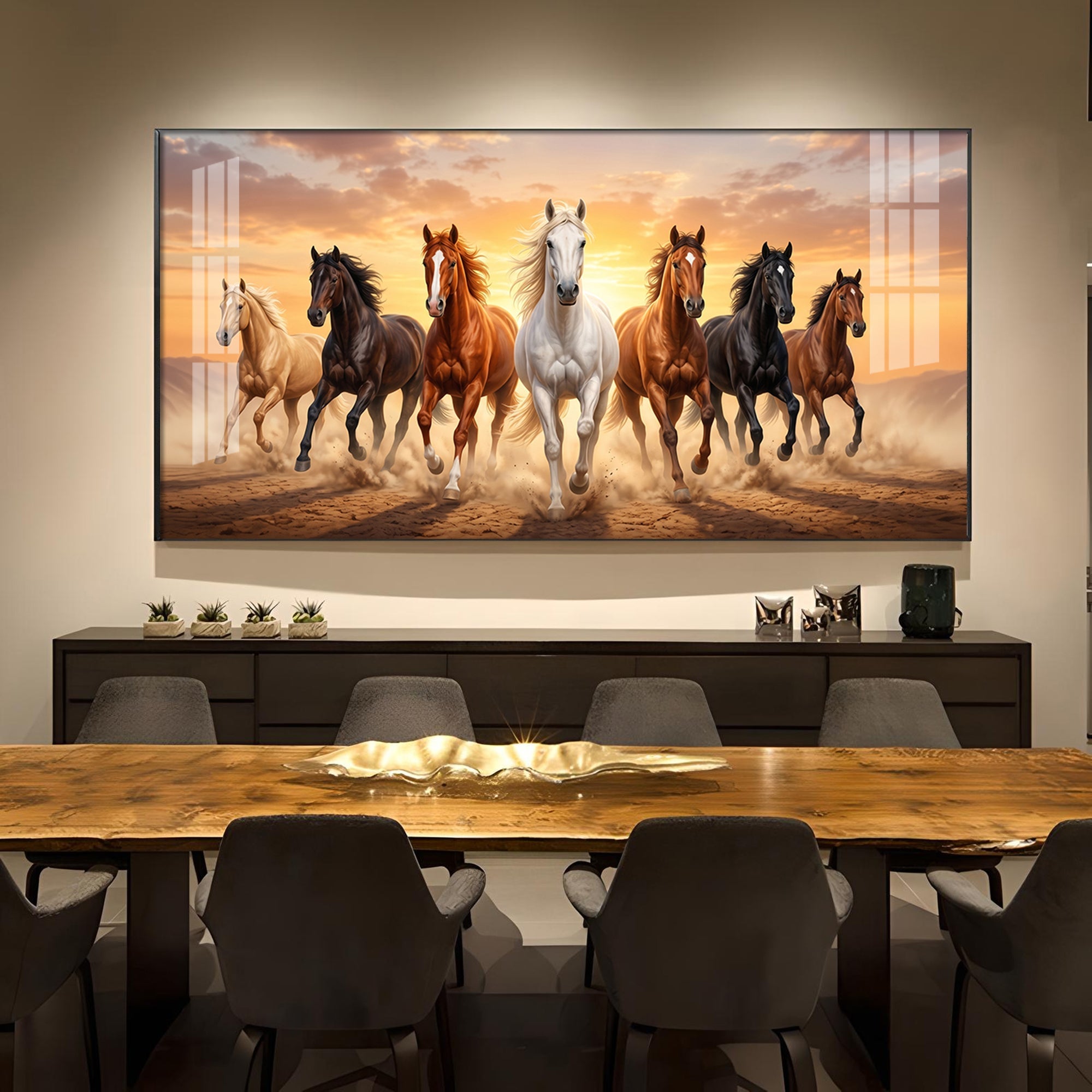 Seven Running Horse Vastu Glass Finish Horizontal Wall Art