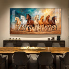 Running Horses Brown & White Glass Finish Horizontal Wall Art