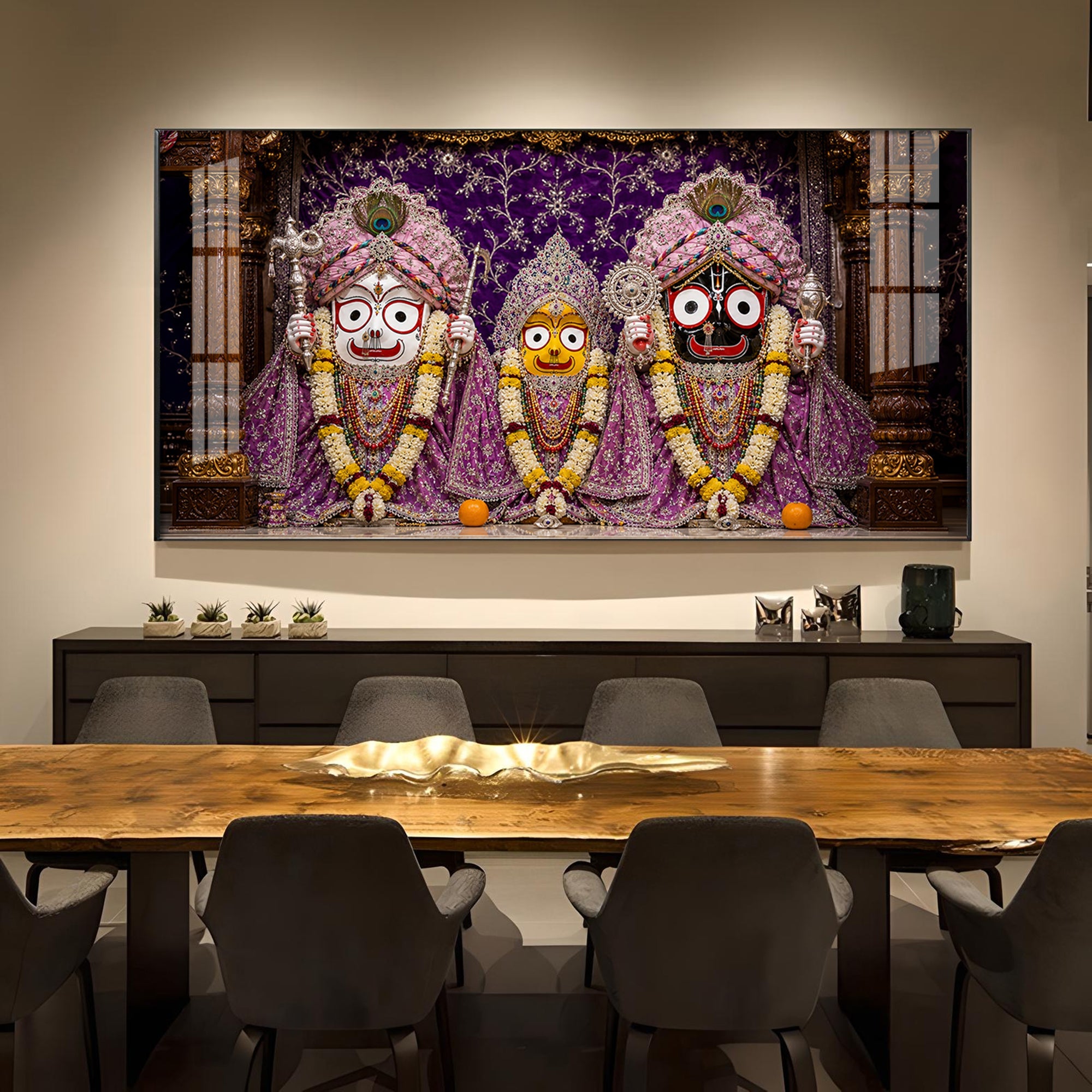 Hindu Deities Lord Jagannath, Subhadra & Balabhadra Glass Finish Horizontal Wall Art