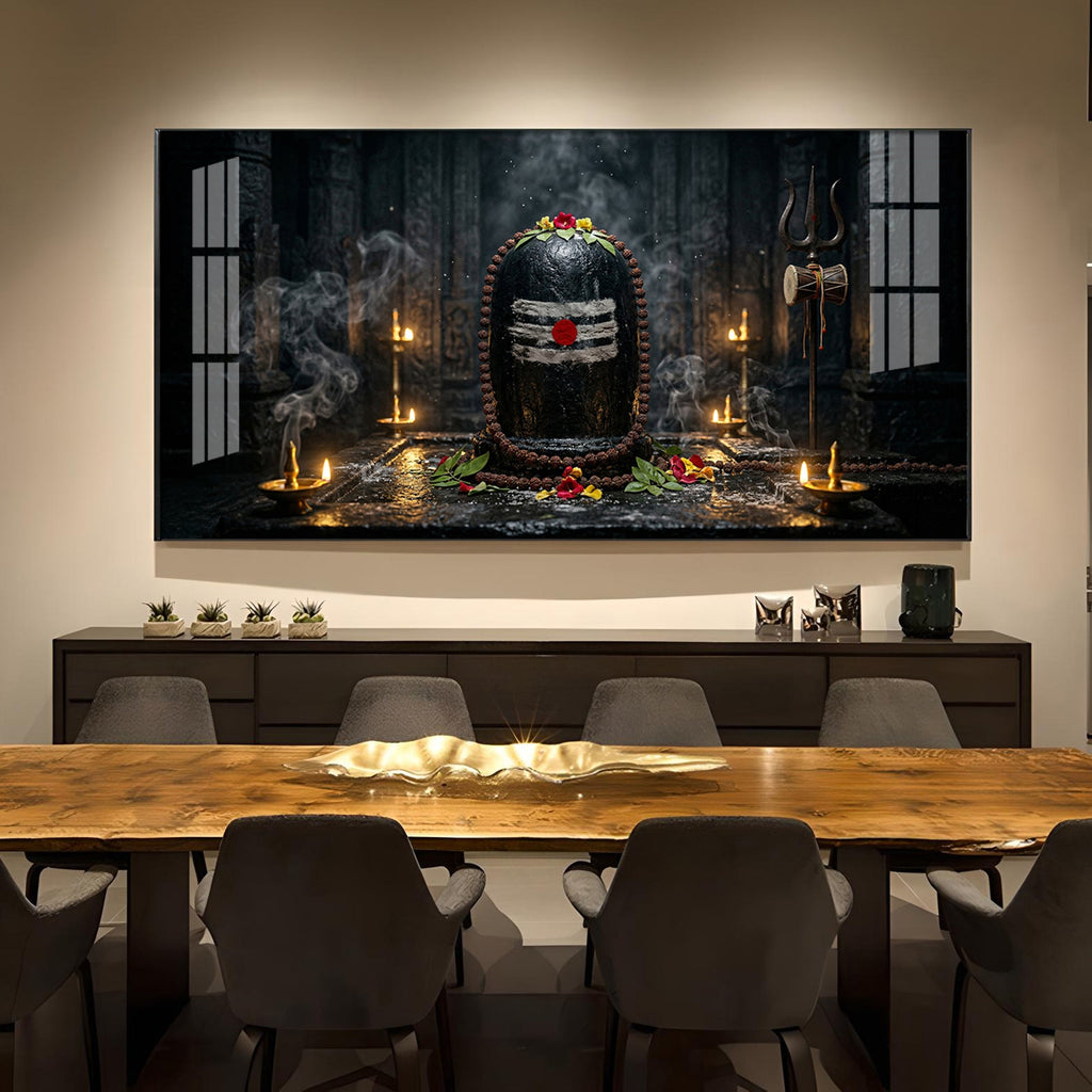 Mahadev Shivling Divine Aura Glass Finish Horizontal Wall Art