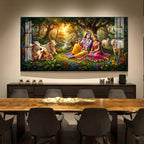 Radha and Krishna In Serene Forest Glass Finish Horizontal Wall Art