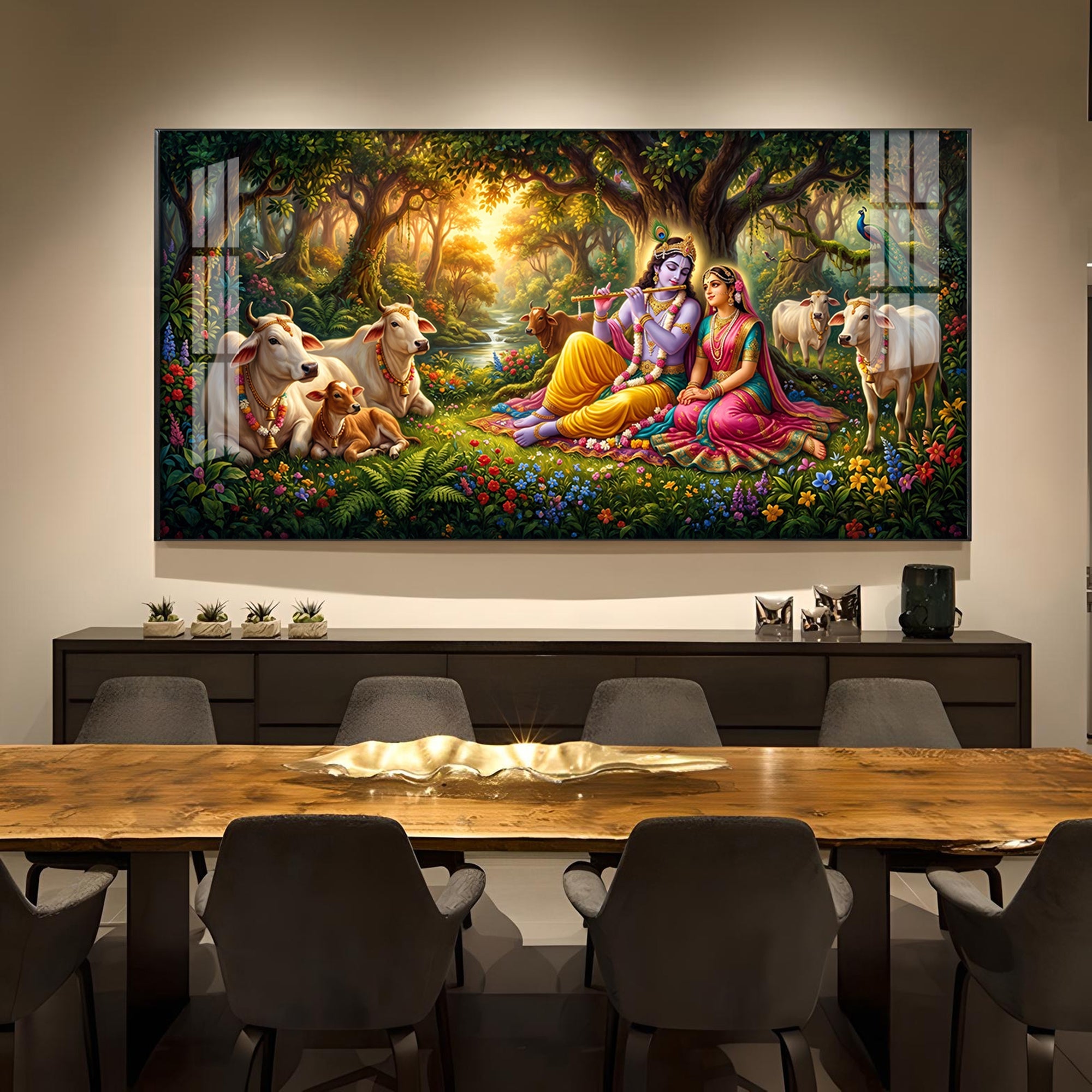 Radha and Krishna In Serene Forest Glass Finish Horizontal Wall Art