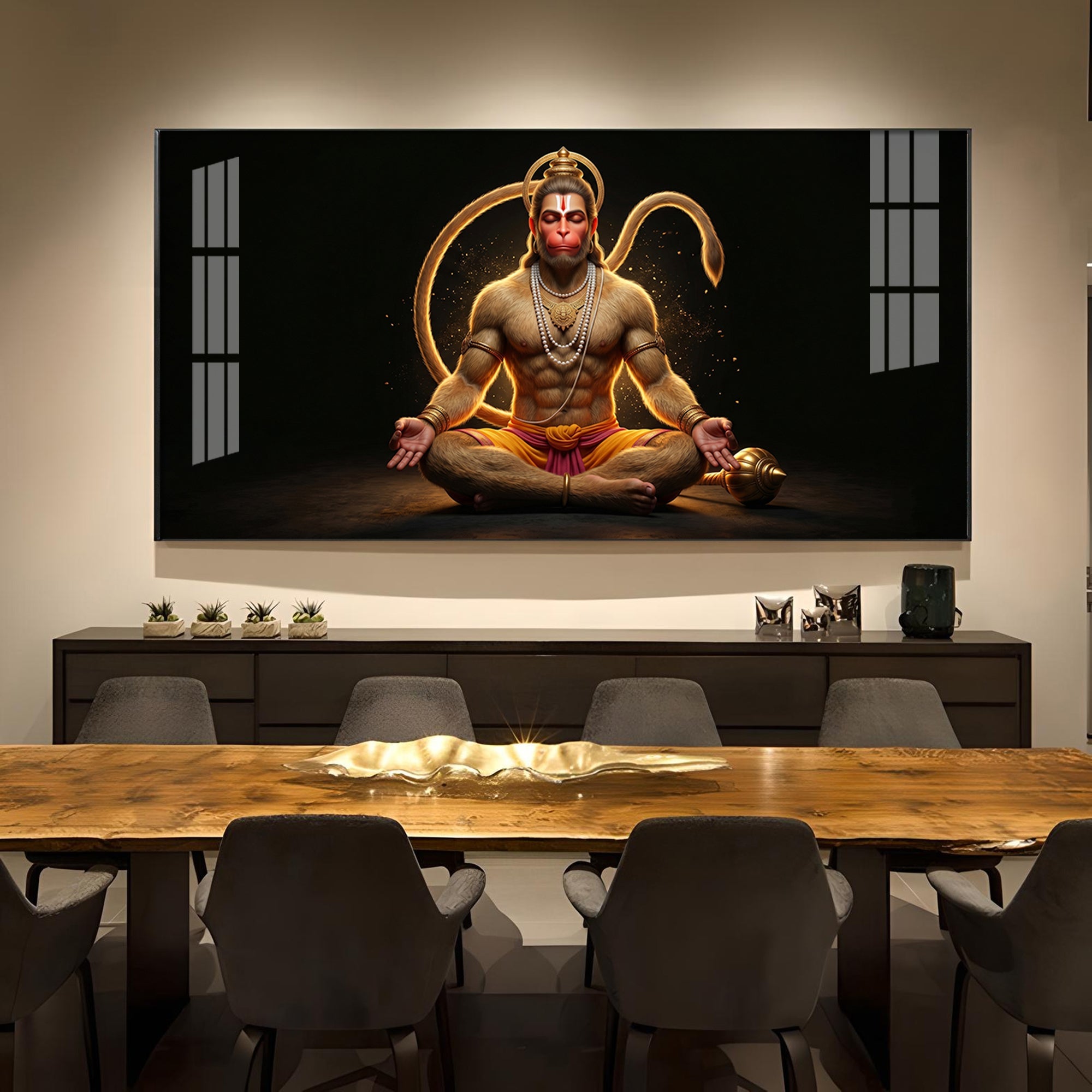 Lord Hanuman In Meditating Pose Glass Finish Horizontal Wall Art