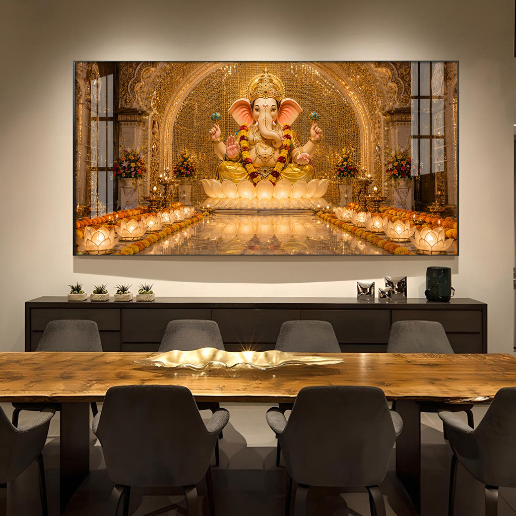 Lord Ganesha In A Golden Temple Glass Finish Horizontal Wall Art