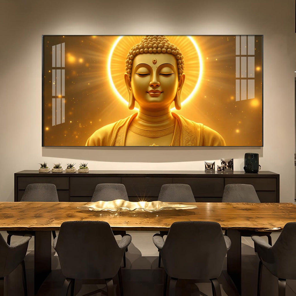 Divine Golden Buddha Glass Finish Horizontal Wall Art