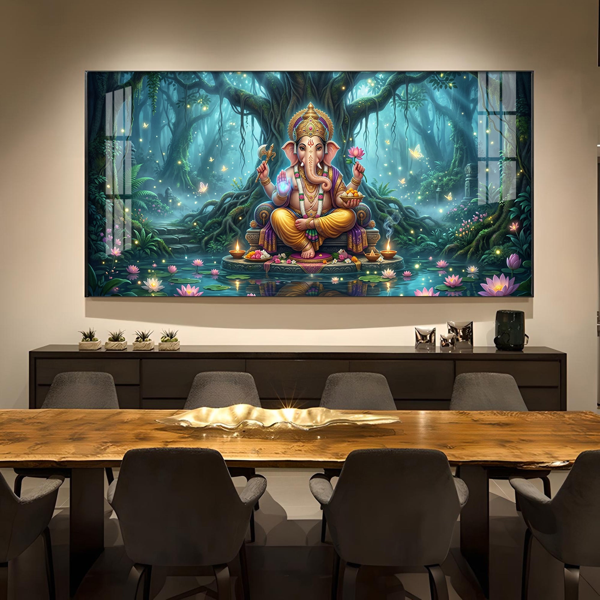 Lord Ganesh Divine Aura Glass Finish Horizontal Wall Art