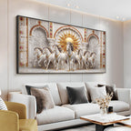 Beautiful White Running Horses Vastu Glass Finish Horizontal Wall Art