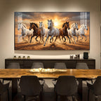 Running Horses In A Golden Sunset Glass Finish Horizontal Wall Art
