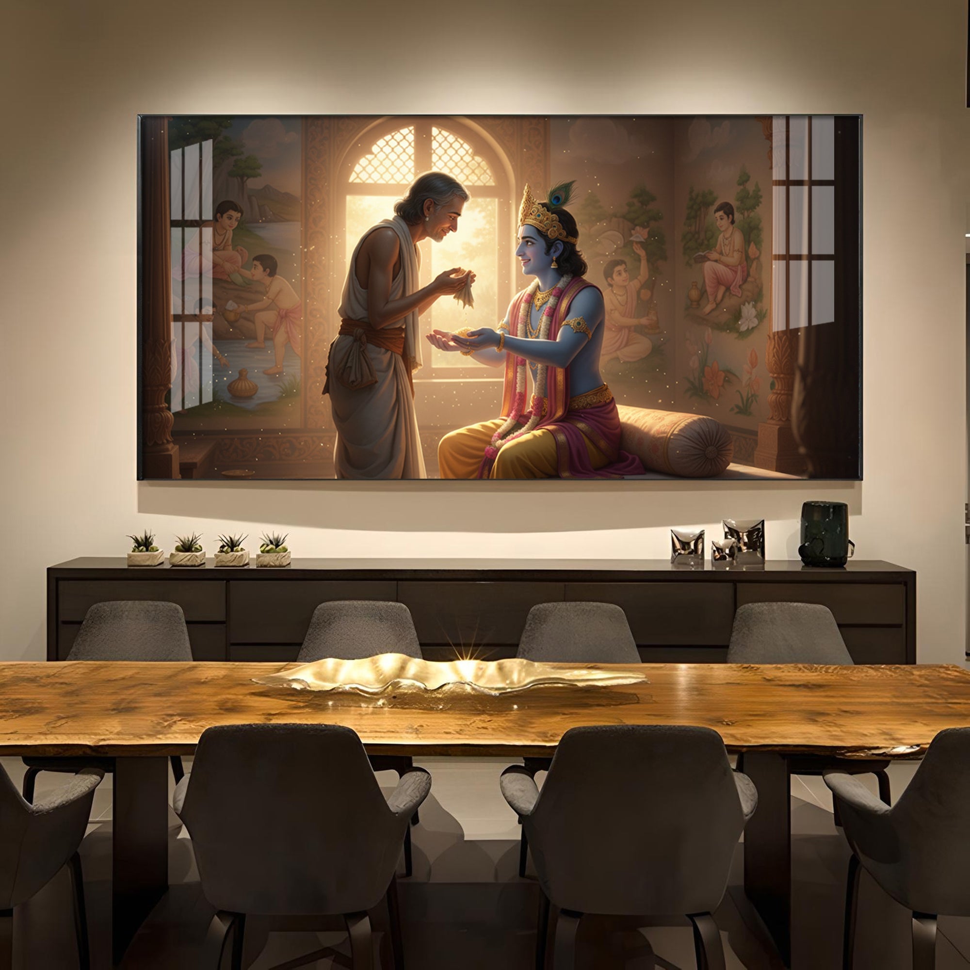 Shree Krishna With Sudama Ji Glass Finish Horizontal Wall Art