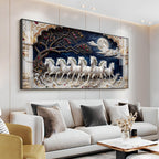 Beautiful Seven White Horses Vastu Glass Finish Horizontal Wall Art