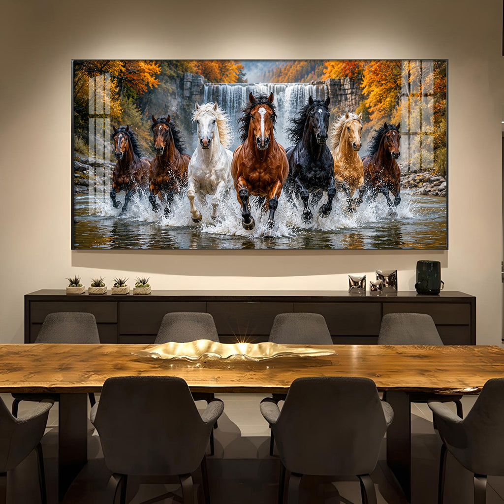Seven-Horse Running Glass Finish Horizontal Wall Art