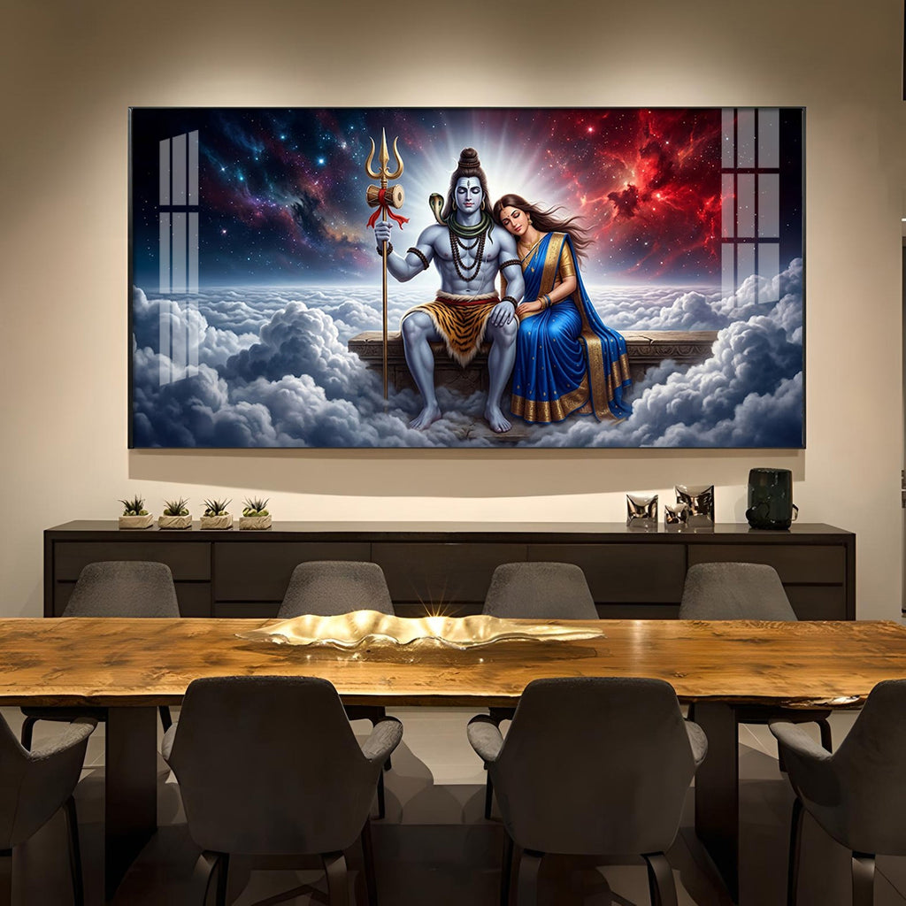 Depicts Lord Shiva & Goddess Parvati Glass Finish Horizontal Wall Art