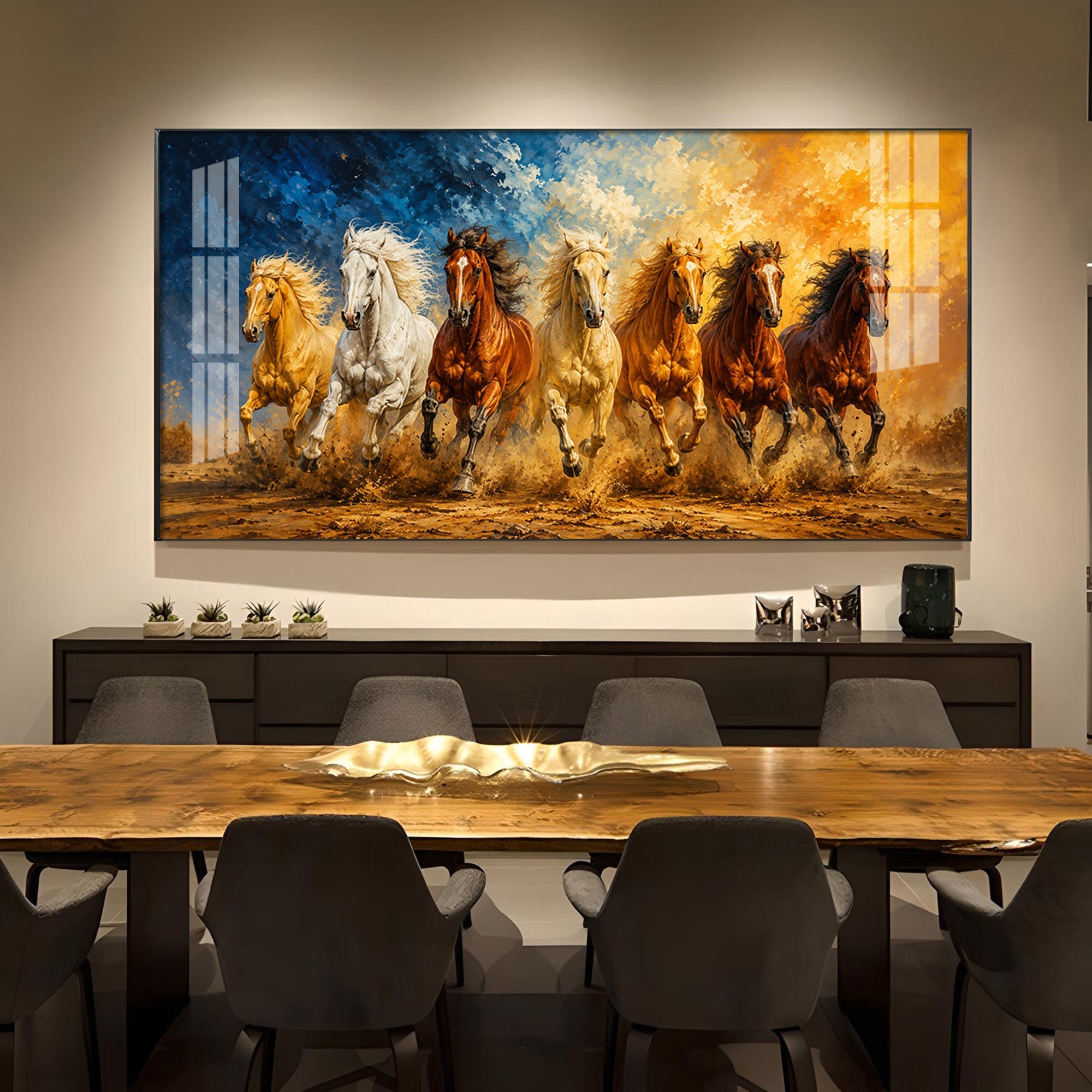 Seven Running Horses Glass Finish Horizontal Wall Art