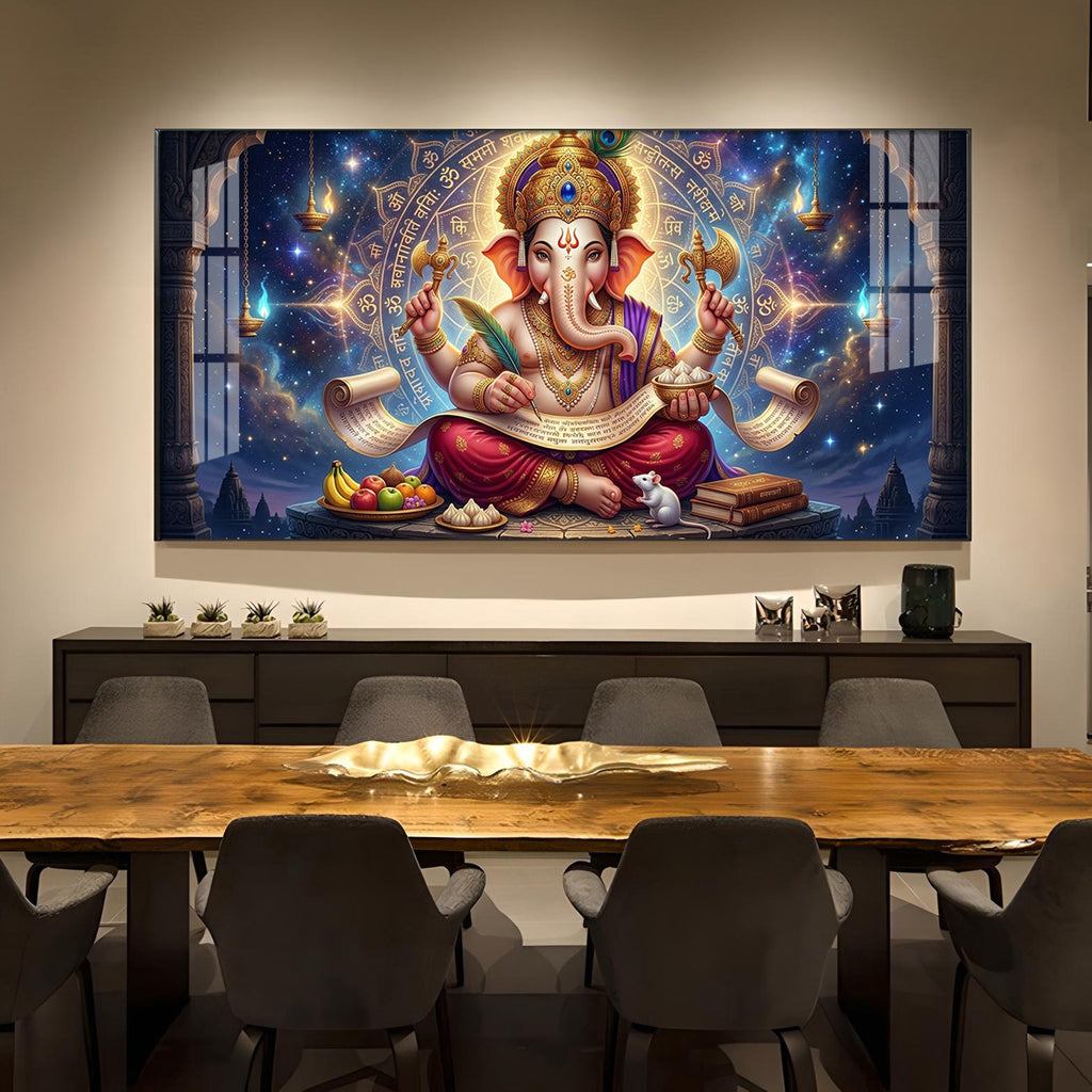 Lord Ganesha Glass Finish Horizontal Wall Art