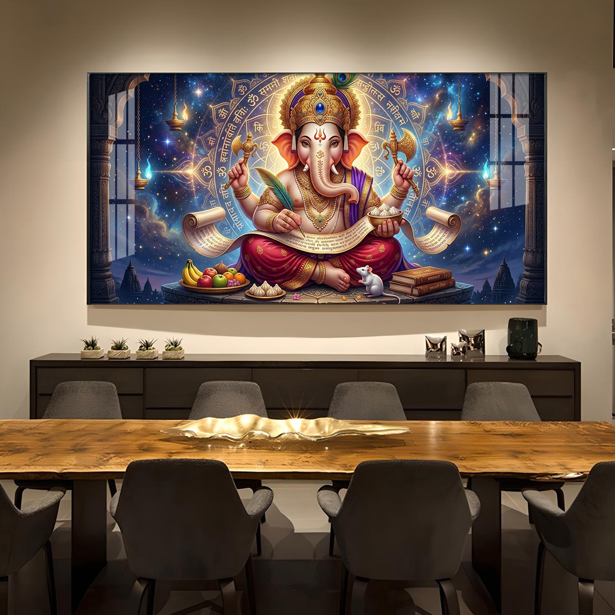Lord Ganesha Glass Finish Horizontal Wall Art