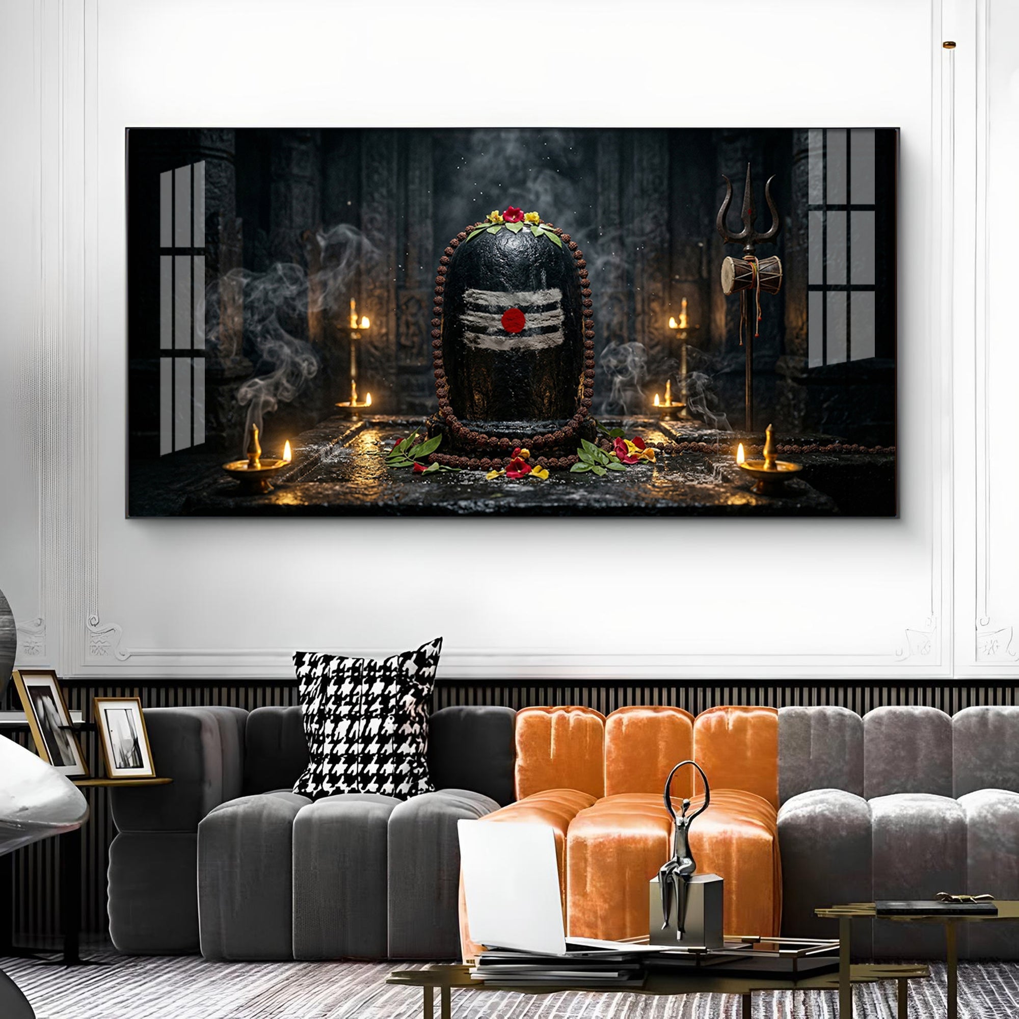 Mahadev Shivling Divine Aura Glass Finish Horizontal Wall Art