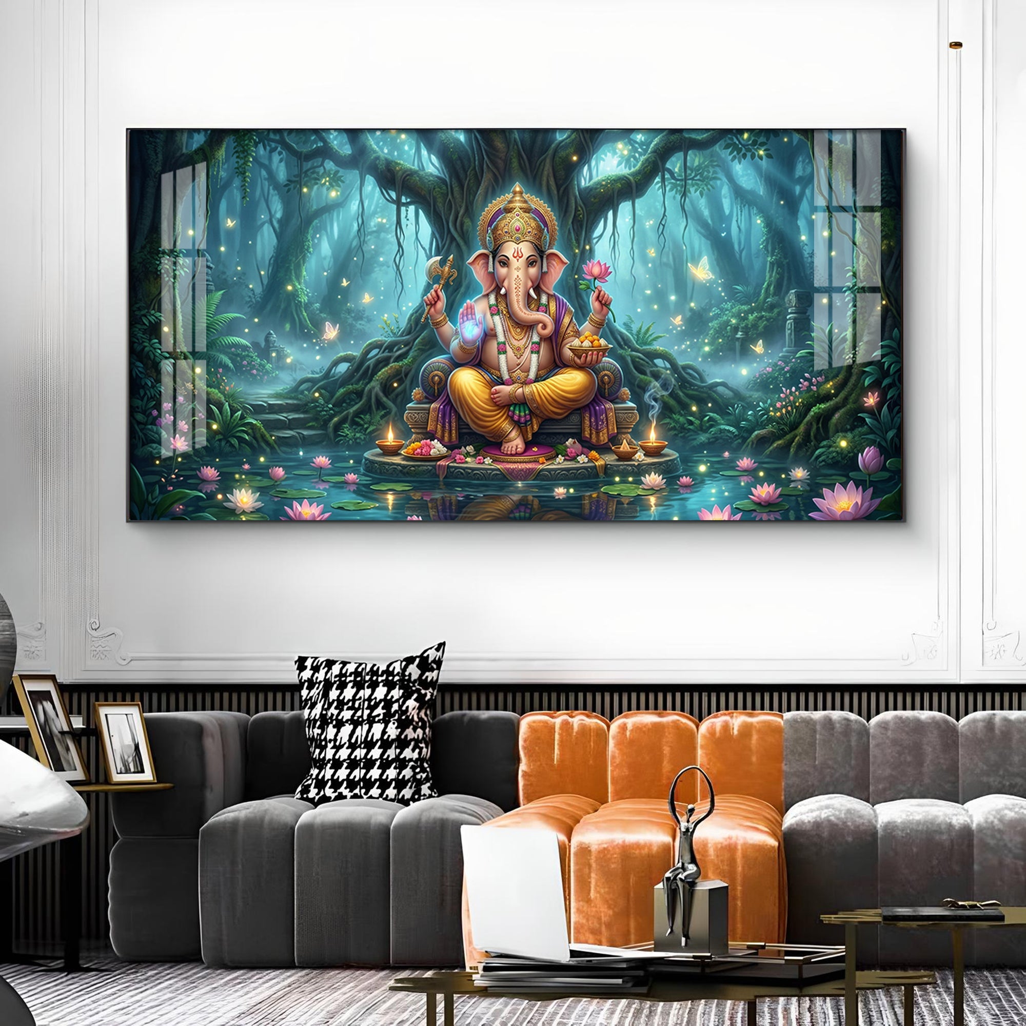 Lord Ganesh Divine Aura Glass Finish Horizontal Wall Art