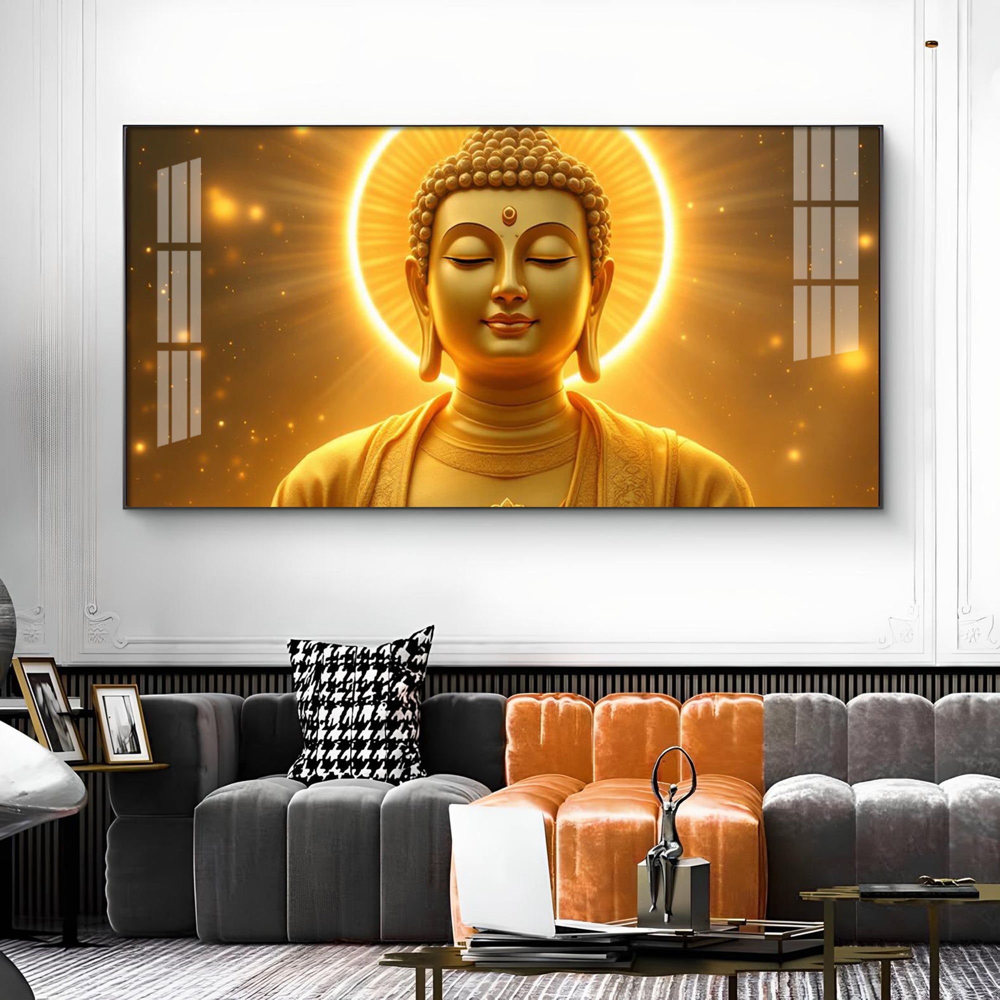 Divine Golden Buddha Glass Finish Horizontal Wall Art