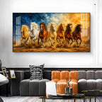 Seven Running Horses Glass Finish Horizontal Wall Art