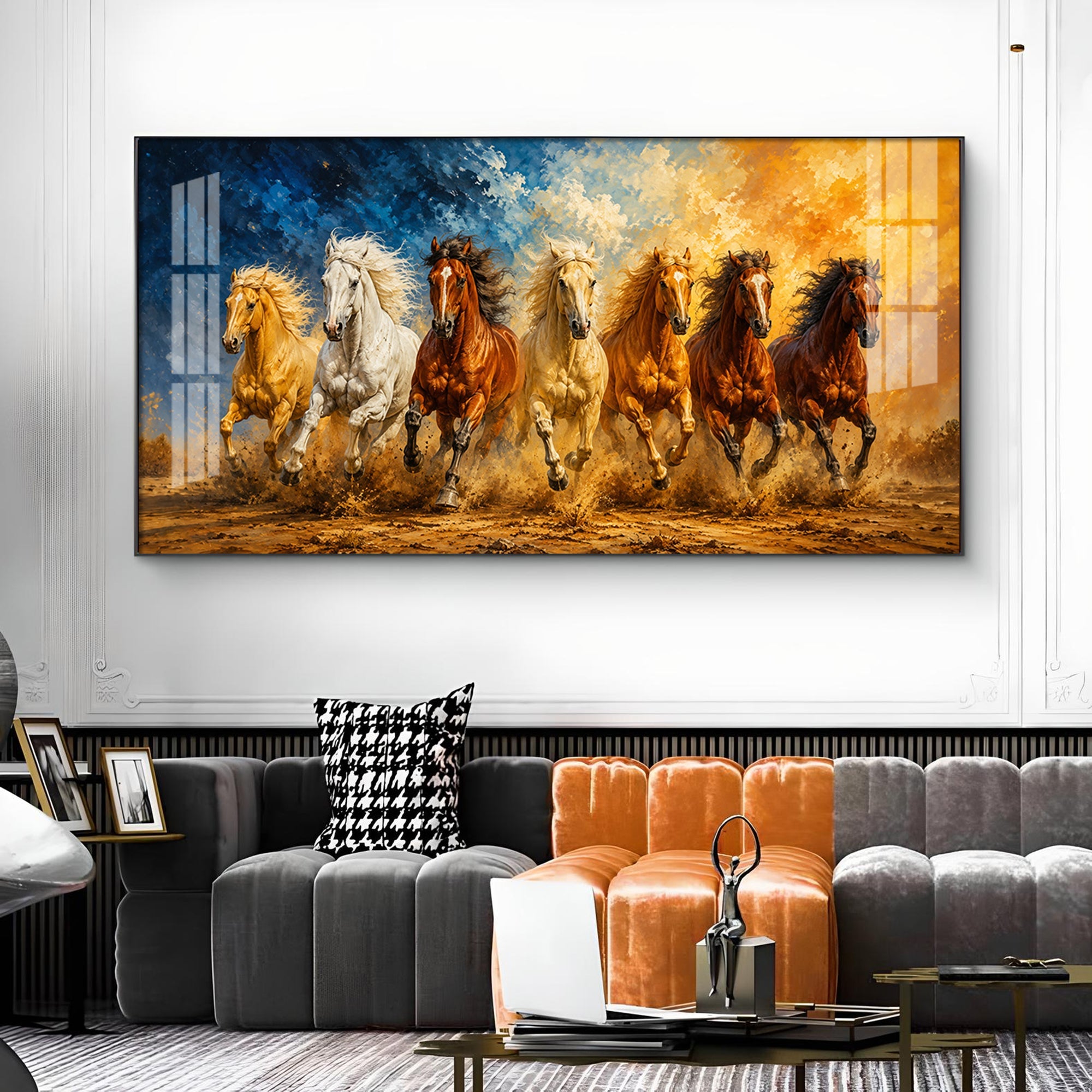 Seven Running Horses Glass Finish Horizontal Wall Art