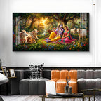 Radha and Krishna In Serene Forest Glass Finish Horizontal Wall Art