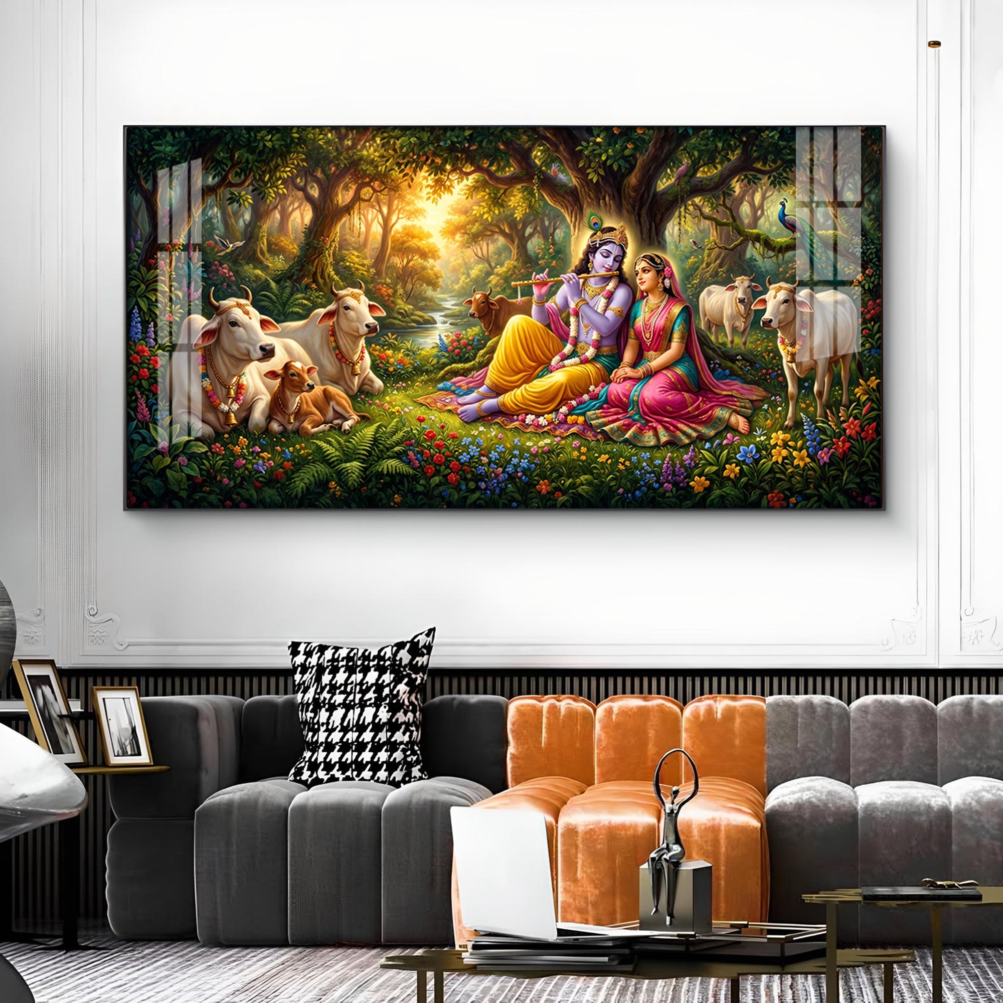 Radha and Krishna In Serene Forest Glass Finish Horizontal Wall Art