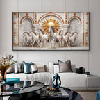 Beautiful White Running Horses Vastu Glass Finish Horizontal Wall Art