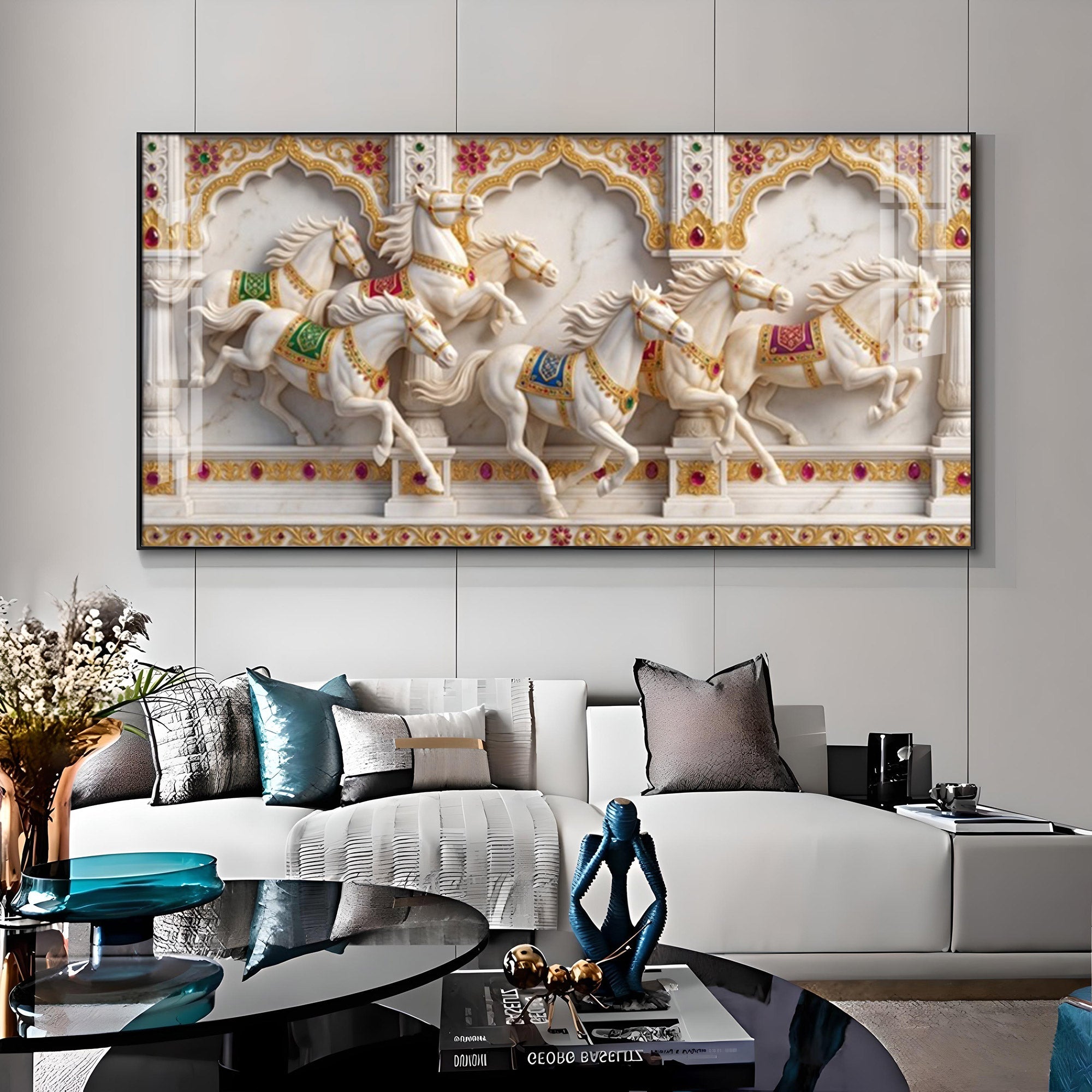 Seven White Horses Vastu Glass Finish Horizontal Wall Art