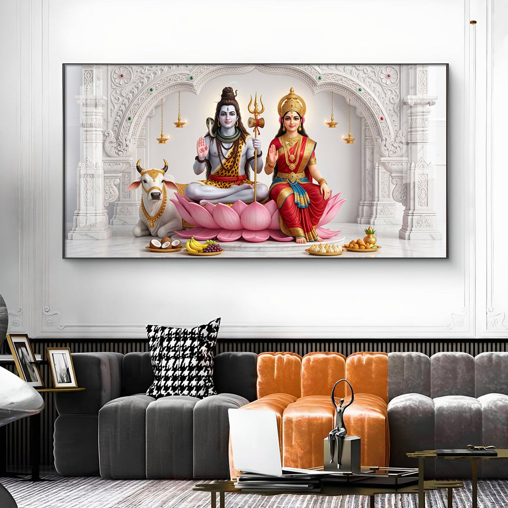 Lord Shiva & Goddess Parvati Glass Finish Horizontal Wall Art
