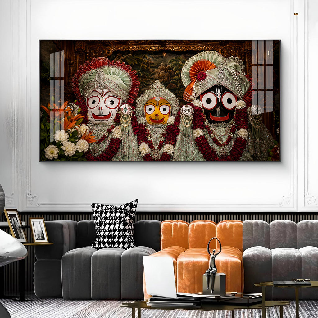 Lord Jagannath, Balabhadra & Subhadra Glass Finish Horizontal Wall Art