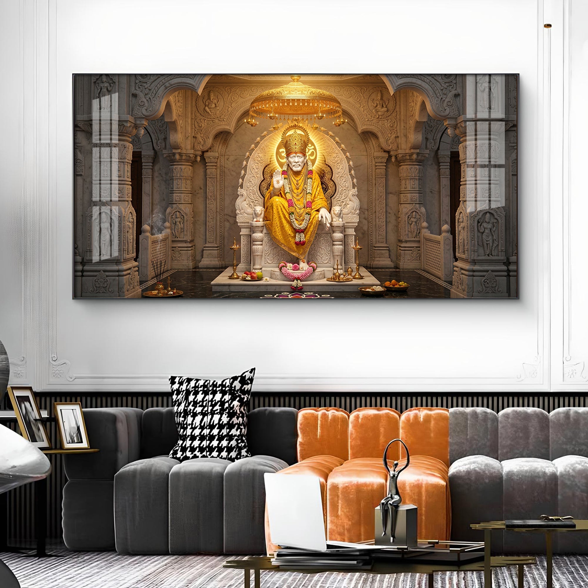 Divine Sai Baba Glass Finish Horizontal Wall Art