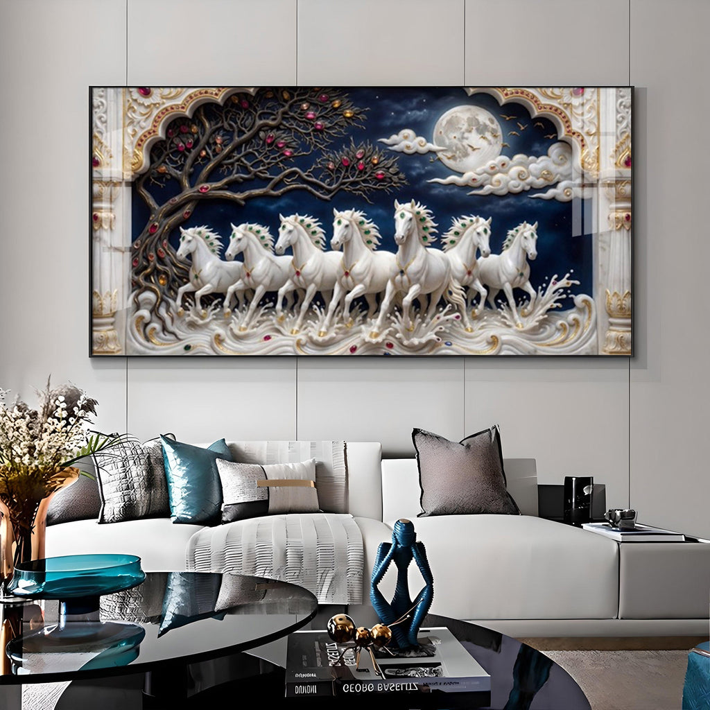 Beautiful Seven White Horses Vastu Glass Finish Horizontal Wall Art