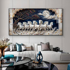 Beautiful Seven White Horses Vastu Glass Finish Horizontal Wall Art