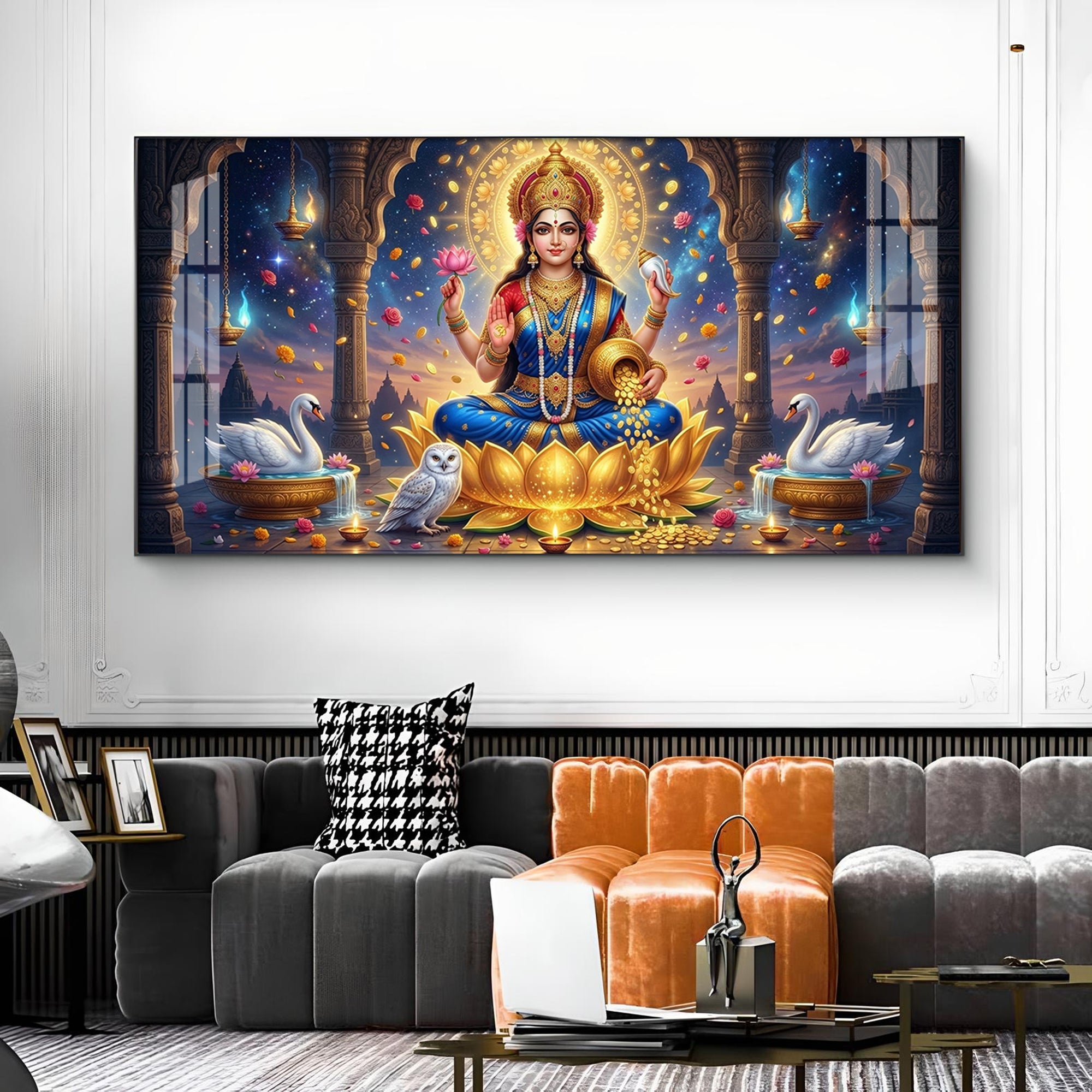 Maa Laxmi Glass Finish Horizontal Wall Art
