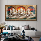 White Running Horses Vastu Glass Finish Horizontal Wall Art