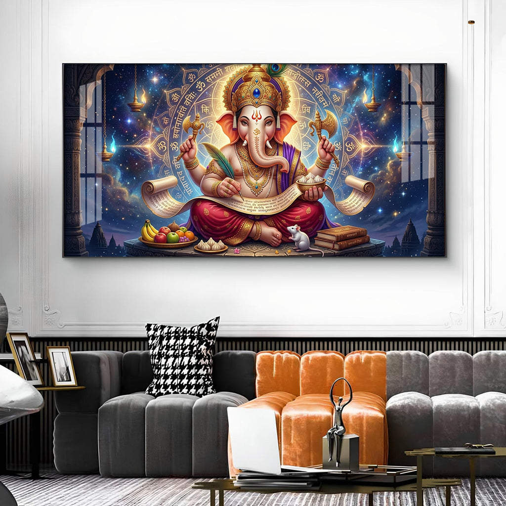 Lord Ganesha Glass Finish Horizontal Wall Art
