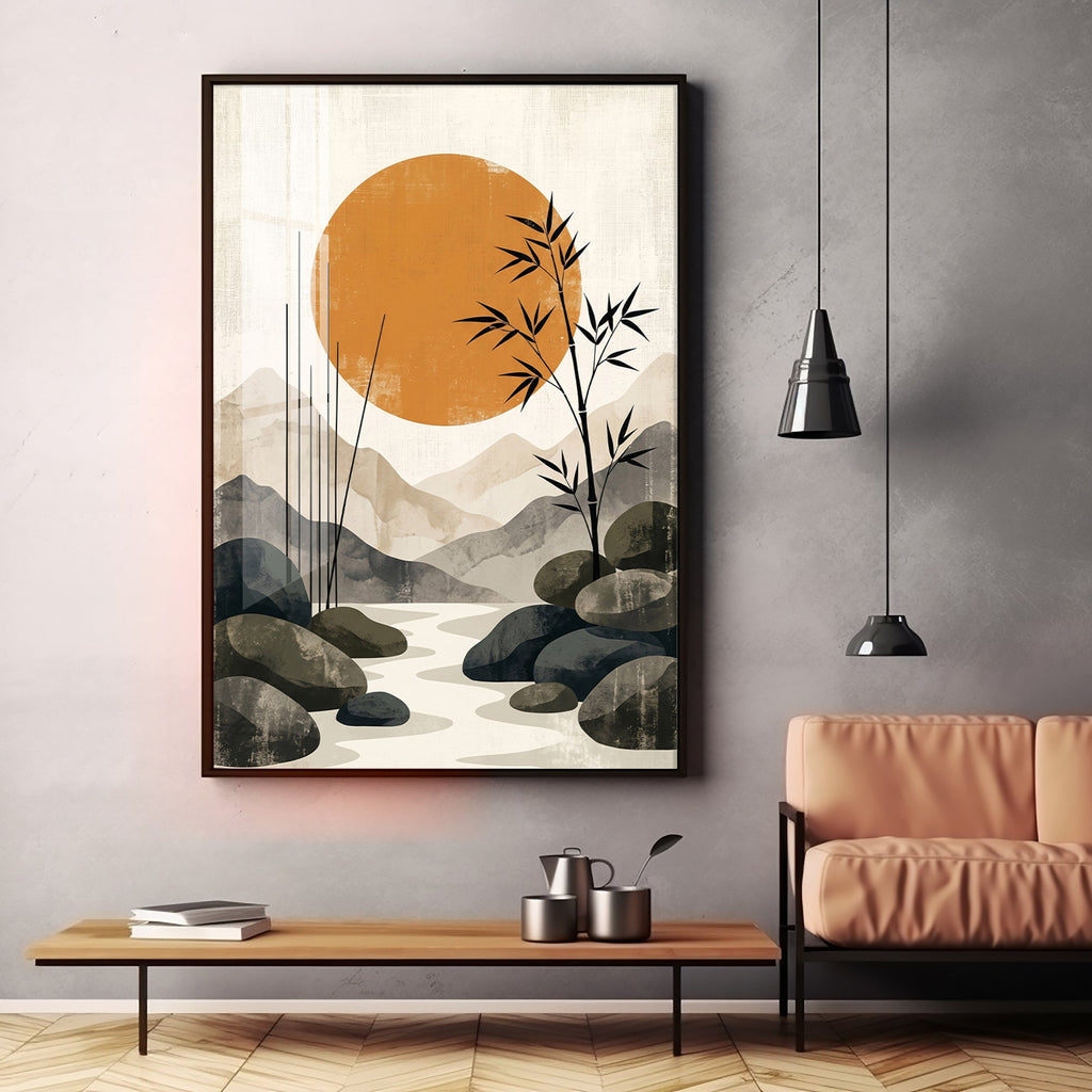 Colored Sun & Bamboo Branches Premium Acrylic Vertical Wall Art