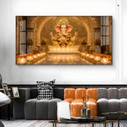 Lord Ganesha In A Golden Temple Glass Finish Horizontal Wall Art