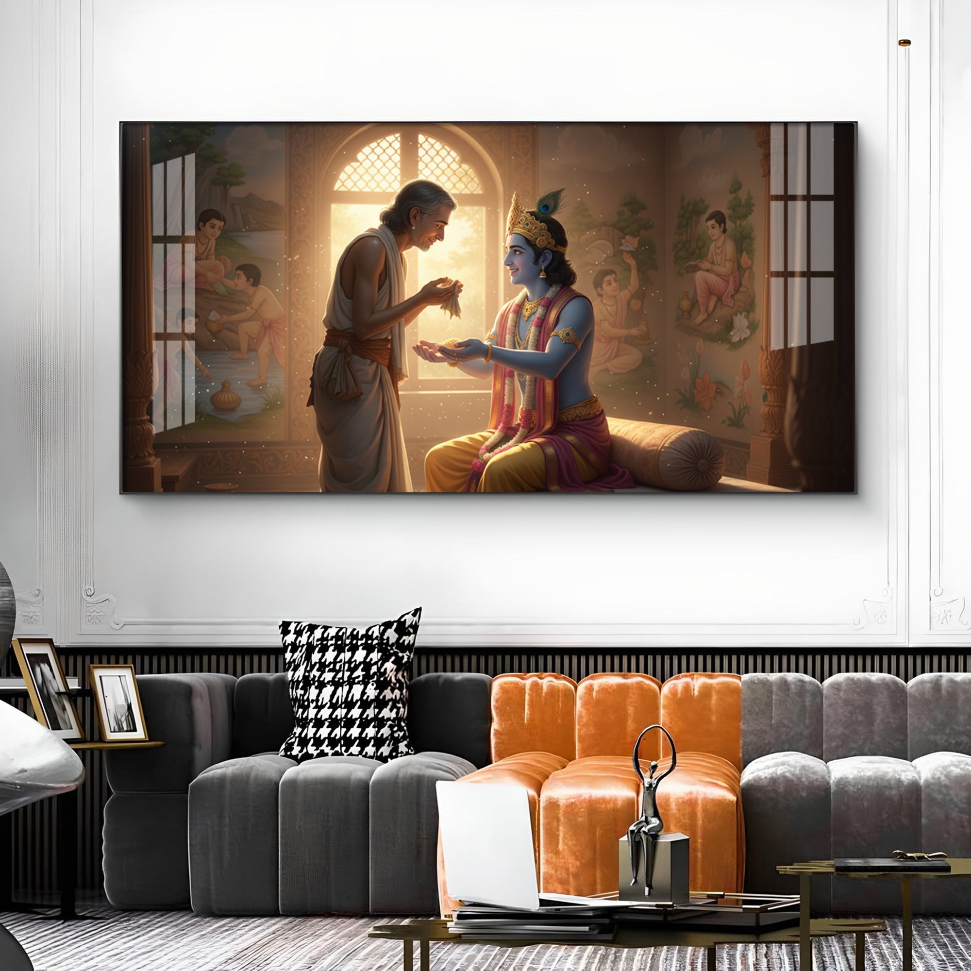 Shree Krishna With Sudama Ji Glass Finish Horizontal Wall Art